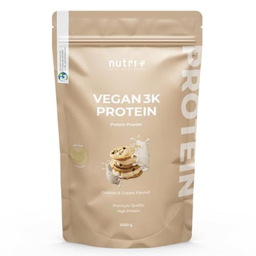 Nutri + Vegan Protein Powder Cookies & Cream - 1kg 79% Proteína 3k Multicompuesta - Origen Vegetal Sabor a Galletas sin Lactosa ni Gluten