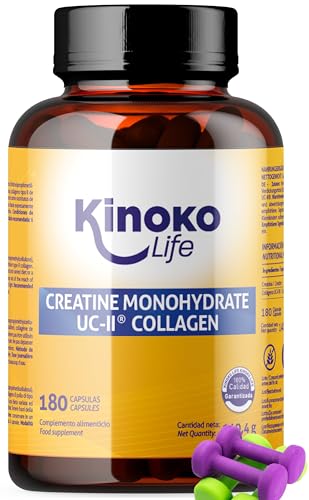 Kinoko Life Creatina Monohidratada 3000mg con UC-II COLÁGENO 180 cápsulas. Pre Entreno - Pre Workout. Monohidrato de Creatina Micronizada Pura. Creatina cápsulas. Para Articulaciones, Músculos