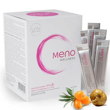 Suplemento Menopausia Sofocos Perimenopausia Premenopausia – Maca Andina Espino Amarillo OMEGIA™ Zinc Vitamina B6 C E – Regulador Hormonal Mujer – Ayuda al Libido Energía – 28 Sticks