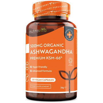 Ashwagandha Orgánica 500 mg - KSM-66® Sin Excipiente. 100% Cápsula Vegana - Suplemento adaptógeno Ayurveda Ginseng Indio (Withania Somnifera) Antiflamatorio natural - Nutravita