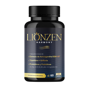 Ashwagandha KSM-66® 600mg | +14 ingredientes antiestrés, Cortisol | Bienestar, Descanso | Alta potencia | Magnesio, Griffonia, L-Triptófano, Vitaminas, Zinc, Té verde, Probióticos | LIONZEN HARMONY