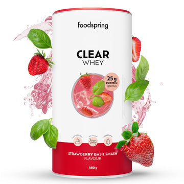 foodspring - Clear Whey Strawberry Basil Smash Protein - Isoclear Whey 480g sin azúcar & 25g de proteína p. ración - Batido de proteínas refrescante con isowhey premium - Ideal después del gimnasio