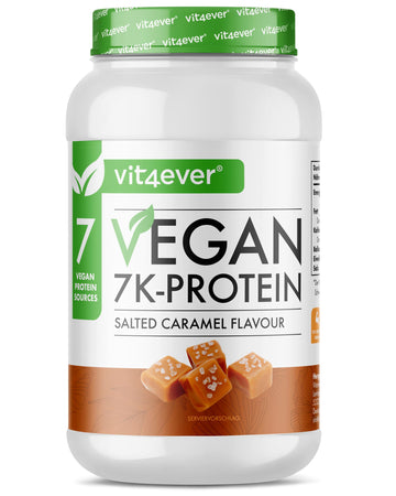 Vegan 7K Protein - 1kg - Caramelo salado - Proteína vegetal pura en polvo con proteínas de arroz, almendra, soja, guisante, cáñamo, arándano y girasol.