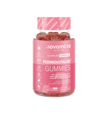 Perimenopausia Suplemento - 60 Gominolas - con Maca, Trébol Rojo, Salvia, Probioticos, Ashwagandha - para la Perimenopausia y Menopausia - Sin Azúcar - Equilibrio Hormonal para la Mujer - Novomins
