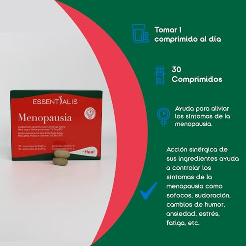 Essentialis Menopausia – con Cimicífuga, Salvia, Melisa, Maca Negra y Vitaminas D, B6 y B12 - Uso prolongado – 1 mes - Sin soja ni conservantes