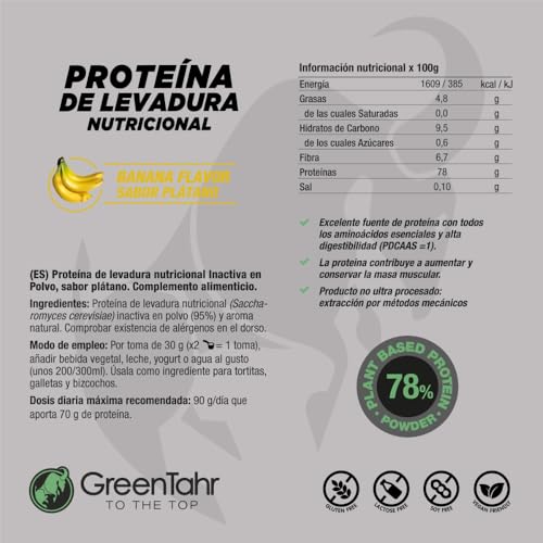 Green Tahr Proteína de Levadura Nutricional Sabor Plátano 78% 750g, Proteína Vegana en Polvo Sin Lactosa Sin Azúcar y Sin Gluten, Proteínas para Masa Muscular, Vegan Protein Origen No Animal