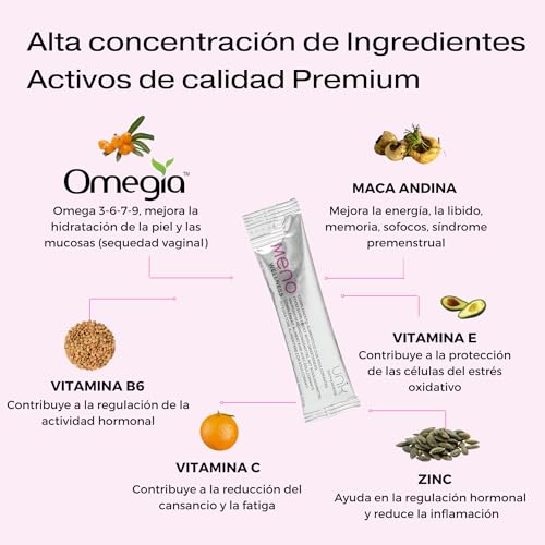 Suplemento Menopausia Sofocos Perimenopausia Premenopausia – Maca Andina Espino Amarillo OMEGIA™ Zinc Vitamina B6 C E – Regulador Hormonal Mujer – Ayuda al Libido Energía – 28 Sticks