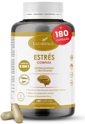 ASHWAGANDHA POTENTE 6 en 1 | Apoyo para el Estrés, Ansiedad y Ciclo del Sueño | Con Triptófano, Magnesio, Vitamina B6, B12 y Zinc | 180 Cápsulas Veganas | 3 Meses