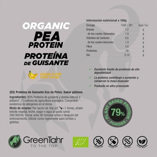 Green Tahr Proteína de Guisante Sabor Plátano 79% 750g, Proteína Vegana en Polvo Sin Lactosa, Sin Azúcar y Sin Gluten, Apta para Ganar Masa Muscular, Vegan Origen No Animal