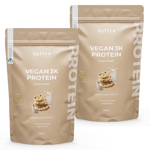 Nutri + Vegan Protein Powder Cookies & Cream - 1kg 79% Proteína 3k Multicompuesta - Origen Vegetal Sabor a Galletas sin Lactosa ni Gluten
