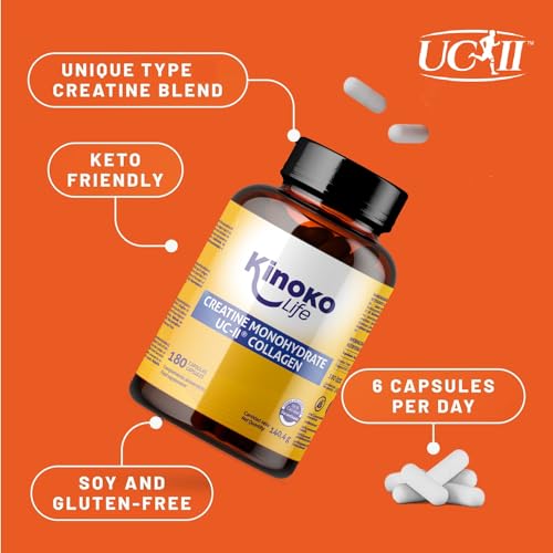 Kinoko Life Creatina Monohidratada 3000mg con UC-II COLÁGENO 180 cápsulas. Pre Entreno - Pre Workout. Monohidrato de Creatina Micronizada Pura. Creatina cápsulas. Para Articulaciones, Músculos