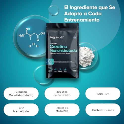 Creatina Monohidratada en Polvo 1kg/1000g para 330 Días - 100% Puro, Factor de Malla 200, 100% Monohidrato de Creatina Micronizada - Sin Sabor, Vegana, Sin Estearato de Magnesio, Cuchara Incluida