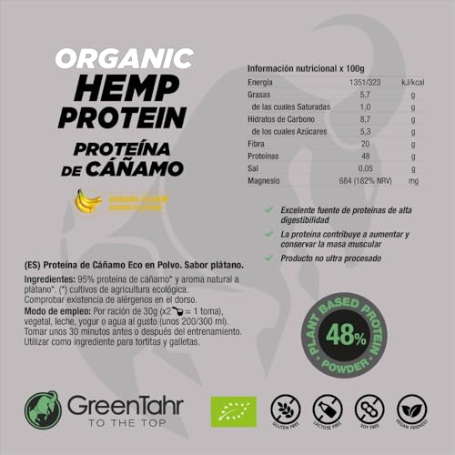 Green Tahr Proteína de Cáñamo Sabor Plátano 48% 750g, Vegana en Polvo para Ganar Masa Muscular, Sin Lactosa, Sin Azúcar y Sin Gluten, Vegan Protein Origen No Animal