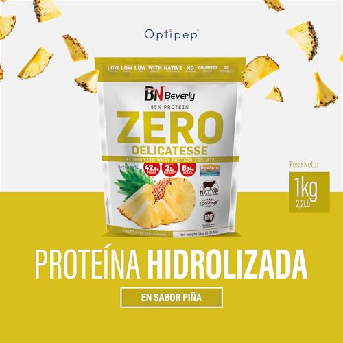 Beverly ZERO DELICATESSE | 1 Kg | Proteína Hidrolizada Whey 85% | Con Digezyme y Tolerase | 1 Mes de uso | Masa muscular, Fuerza y Recuperación | Shaker Gratis | Delicioso Sabor (PIÑA)