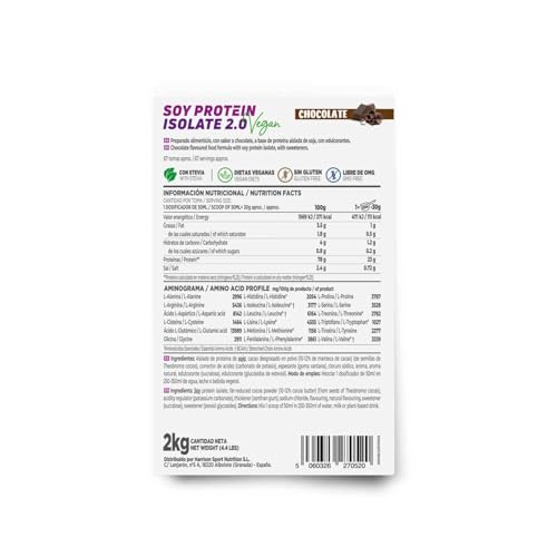 Proteína de Soja Aislada de HSN | Sabor Chocolate 2 Kg = 67 Tomas por Envase | 100% Vegana | Soy Protein Isolate | No-GMO, Sin Gluten