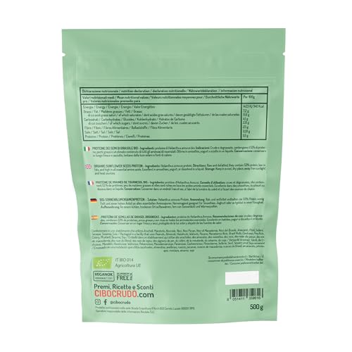 Proteína de Semillas de Girasol en Polvo Orgánica y Cruda - 500g. Proteínas Vegetales y Veganas Ecológicas Sin Lactosa y Sin Gluten. Fuente de Aminoácidos y Fibra. Organic and Vegan Protein Powder.