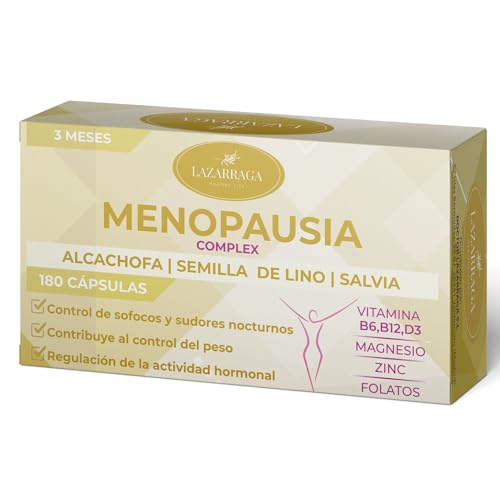Lazarraga Tratamiento para la Menopausia - Control de sofocos - Alivia la hinchazón abdominal, Vegano, 180 cápsulas, con vitamina B6, B12, D3 - sin soja ni conservantes - Suministro para 3 Meses