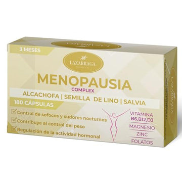 Lazarraga Tratamiento para la Menopausia - Control de sofocos - Alivia la hinchazón abdominal, Vegano, 180 cápsulas, con vitamina B6, B12, D3 - sin soja ni conservantes - Suministro para 3 Meses