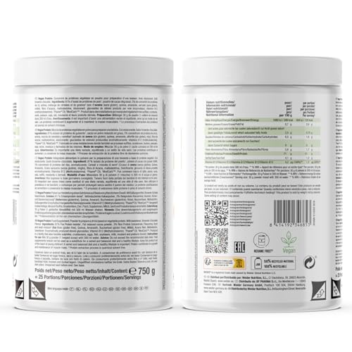 Weider Vegan Protein (750g) Sabor Brownie-Chocolate. Proteína Vegana 21g/dosis Aislada Guisante (Pisane) y Arroz. Con Vitamina B12 y Stevia. Sin Gluten, Sin Azúcar. Bote 50% Reciclado, 100% Reciclable