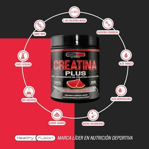 Healthy Fusion Creatina Monohidrato en polvo | 100% Creatina Pura Monohidrato sin añadidos| Favorece el crecimiento muscular y aumenta el rendimiento físico | Alta solubilidad | 300 g Sabor Sandía