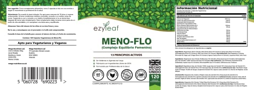 Ezyleaf Suplemento para la Menopausia con Hoja de Salvia, Agnus Castus, Trébol Rojo, Isoflavonas de Soja, Dong Quai 120 Cápsulas | Meno-Flo + Citrato de Magnesio, Ñame Silvestre y Ashwagandha