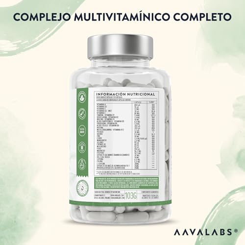 Multivitaminas con 24 Vitaminas y Minerales - Multivitaminas mujer y hombre - con Ashwagandha y Rhodiola Rosea - Multivitaminas y Minerales - 120 Cápsulas Complejo Vitaminico