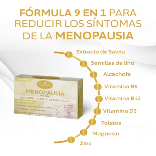 Lazarraga Tratamiento para la Menopausia - Control de sofocos - Alivia la hinchazón abdominal, Vegano, 180 cápsulas, con vitamina B6, B12, D3 - sin soja ni conservantes - Suministro para 3 Meses