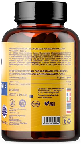 Kinoko Life Creatina Monohidratada 3000mg con UC-II COLÁGENO 180 cápsulas. Pre Entreno - Pre Workout. Monohidrato de Creatina Micronizada Pura. Creatina cápsulas. Para Articulaciones, Músculos