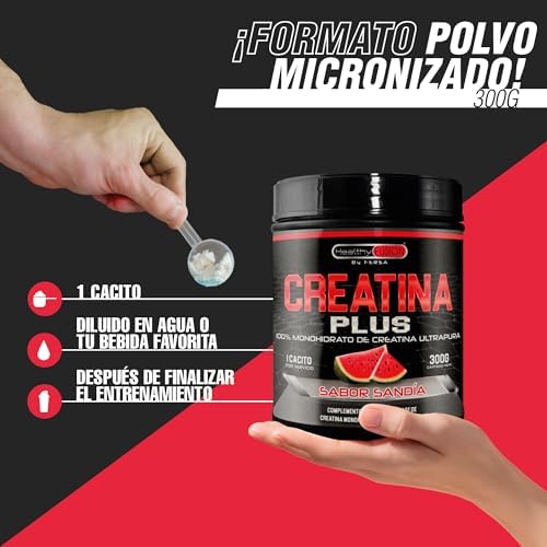 Healthy Fusion Creatina Monohidrato en polvo | 100% Creatina Pura Monohidrato sin añadidos| Favorece el crecimiento muscular y aumenta el rendimiento físico | Alta solubilidad | 300 g Sabor Sandía
