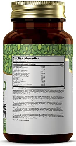 Ezyleaf Suplemento para la Menopausia con Hoja de Salvia, Agnus Castus, Trébol Rojo, Isoflavonas de Soja, Dong Quai 120 Cápsulas | Meno-Flo + Citrato de Magnesio, Ñame Silvestre y Ashwagandha