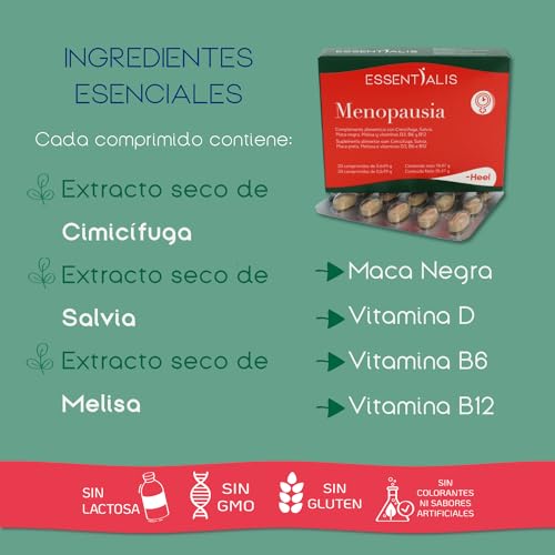 Essentialis Menopausia – con Cimicífuga, Salvia, Melisa, Maca Negra y Vitaminas D, B6 y B12 - Uso prolongado – 1 mes - Sin soja ni conservantes