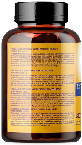Kinoko Life Creatina Monohidratada 3000mg con UC-II COLÁGENO 180 cápsulas. Pre Entreno - Pre Workout. Monohidrato de Creatina Micronizada Pura. Creatina cápsulas. Para Articulaciones, Músculos