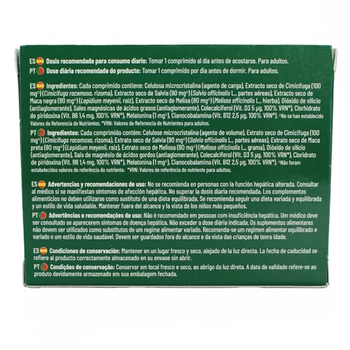 Essentialis Menopausia Noche–con Extractos de plantas, Melatonina y Vit. D, B6 y B12- Uso prolongado– 1 mes- Sin estrógenos ni soja