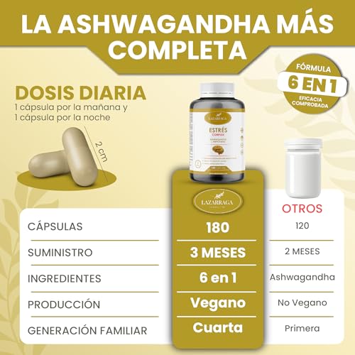 ASHWAGANDHA POTENTE 6 en 1 | Apoyo para el Estrés, Ansiedad y Ciclo del Sueño | Con Triptófano, Magnesio, Vitamina B6, B12 y Zinc | 180 Cápsulas Veganas | 3 Meses