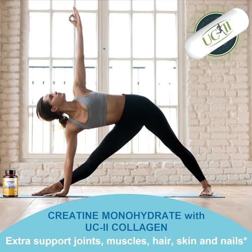 Kinoko Life Creatina Monohidratada 3000mg con UC-II COLÁGENO 180 cápsulas. Pre Entreno - Pre Workout. Monohidrato de Creatina Micronizada Pura. Creatina cápsulas. Para Articulaciones, Músculos