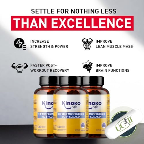 Kinoko Life Creatina Monohidratada 3000mg con UC-II COLÁGENO 180 cápsulas. Pre Entreno - Pre Workout. Monohidrato de Creatina Micronizada Pura. Creatina cápsulas. Para Articulaciones, Músculos
