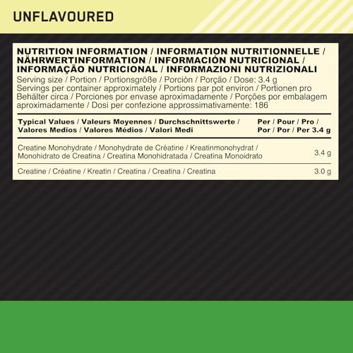 OPTIMUM NUTRITION Creatina en Polvo Micronizada, Polvo de Monohidrato de Creatina 100 % Puro para Rendimiento y Potencia Muscular, Batido de Proteínas sin Sabor, 186 Porciones, 634 g