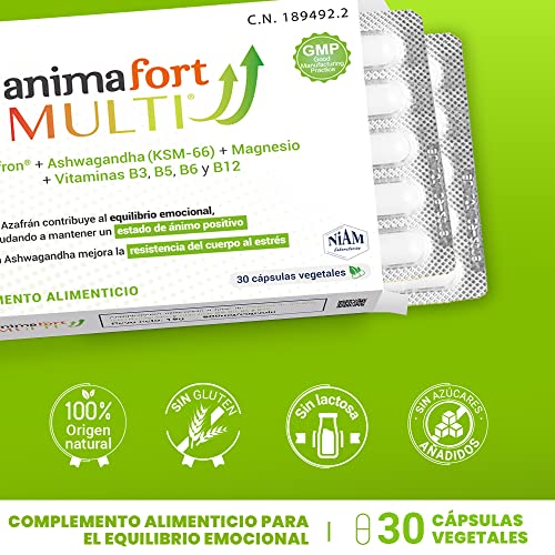 Ashwagandha KSM-66 + Azafrán + Magnesio + Vitamina B12 | Estrés, Equilibrio Mental, Estabilidad Emocional y Relax | 30 Cápsulas | AnimaFort Multi