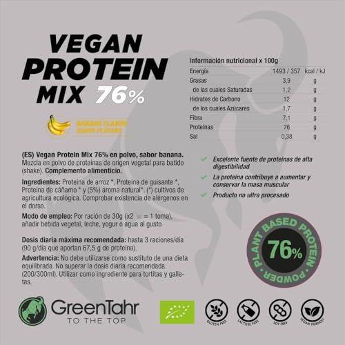 Green Tahr Proteína de Guisante, Cáñamo y Arroz Sabor Plátano 76% 750g, Proteína Vegana en Polvo Sin Lactosa, Sin Azúcar y Sin Gluten, Proteínas para Masa Muscular, Vegan Protein Origen No Animal