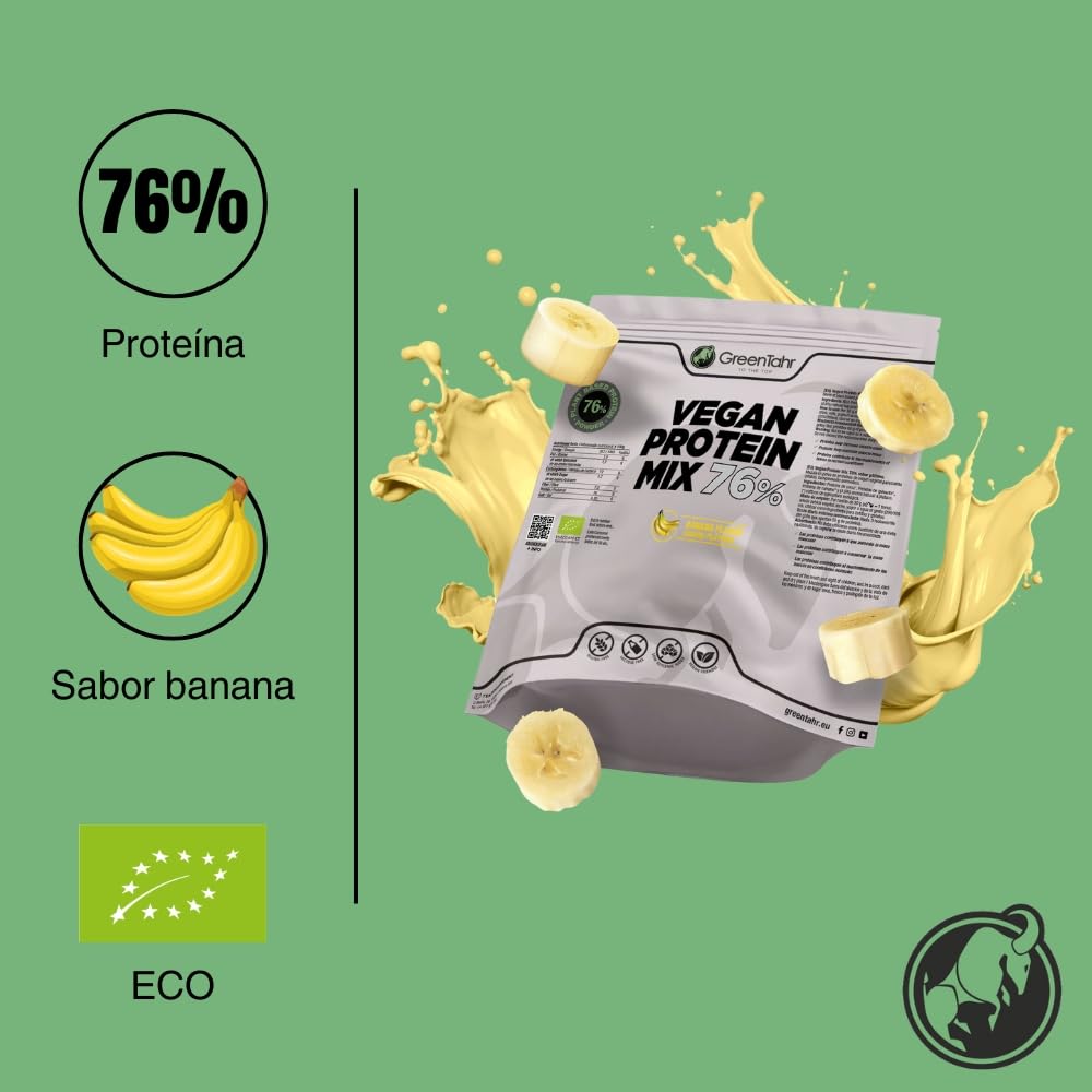 Green Tahr Proteína de Guisante, Cáñamo y Arroz Sabor Plátano 76% 750g, Proteína Vegana en Polvo Sin Lactosa, Sin Azúcar y Sin Gluten, Proteínas para Masa Muscular, Vegan Protein Origen No Animal