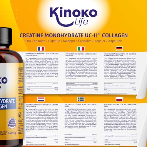 Kinoko Life Creatina Monohidratada 3000mg con UC-II COLÁGENO 180 cápsulas. Pre Entreno - Pre Workout. Monohidrato de Creatina Micronizada Pura. Creatina cápsulas. Para Articulaciones, Músculos