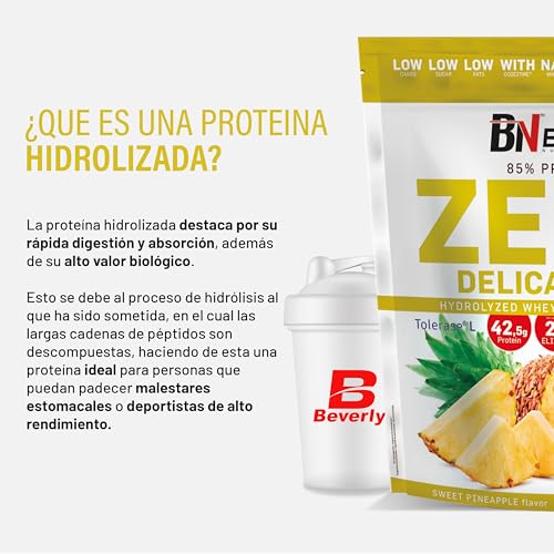 Beverly ZERO DELICATESSE | 1 Kg | Proteína Hidrolizada Whey 85% | Con Digezyme y Tolerase | 1 Mes de uso | Masa muscular, Fuerza y Recuperación | Shaker Gratis | Delicioso Sabor (PIÑA)