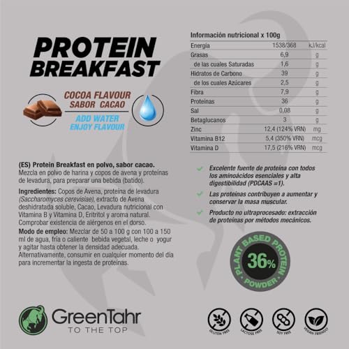 Green Tahr Desayuno Proteico Vegano en Polvo Sabor Chocolate 1kg, Con Avena y Proteína de Levadura, Ideal para Batido de Proteínas, Sin Gluten, Sin Azúcares Añadidos, Apto para Masa Muscular
