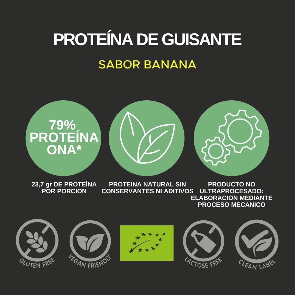 Green Tahr Proteína de Guisante Sabor Plátano 79% 750g, Proteína Vegana en Polvo Sin Lactosa, Sin Azúcar y Sin Gluten, Apta para Ganar Masa Muscular, Vegan Origen No Animal