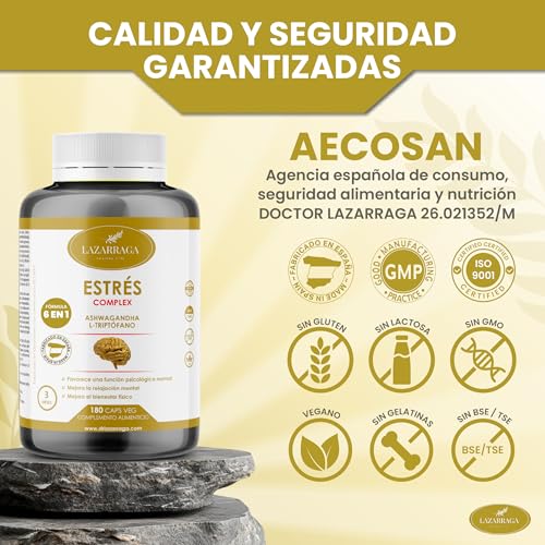 ASHWAGANDHA POTENTE 6 en 1 | Apoyo para el Estrés, Ansiedad y Ciclo del Sueño | Con Triptófano, Magnesio, Vitamina B6, B12 y Zinc | 180 Cápsulas Veganas | 3 Meses