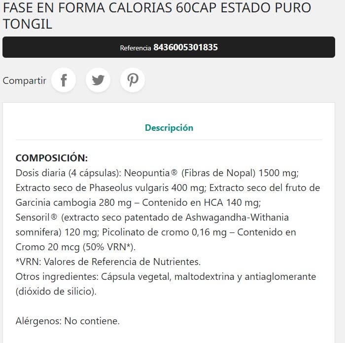 Tongil Estado Puro Fase En Forma Calorias 60 Vcaps