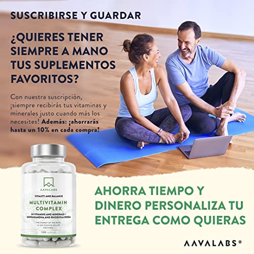 Multivitaminas con 24 Vitaminas y Minerales - Multivitaminas mujer y hombre - con Ashwagandha y Rhodiola Rosea - Multivitaminas y Minerales - 120 Cápsulas Complejo Vitaminico