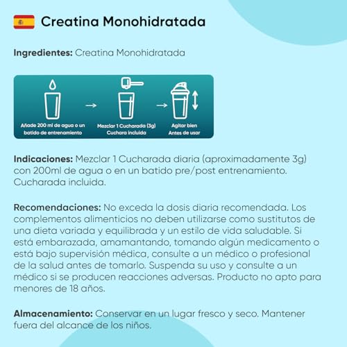 Creatina Monohidratada en Polvo 1kg/1000g para 330 Días - 100% Puro, Factor de Malla 200, 100% Monohidrato de Creatina Micronizada - Sin Sabor, Vegana, Sin Estearato de Magnesio, Cuchara Incluida