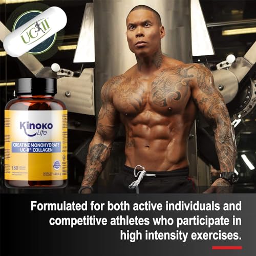 Kinoko Life Creatina Monohidratada 3000mg con UC-II COLÁGENO 180 cápsulas. Pre Entreno - Pre Workout. Monohidrato de Creatina Micronizada Pura. Creatina cápsulas. Para Articulaciones, Músculos