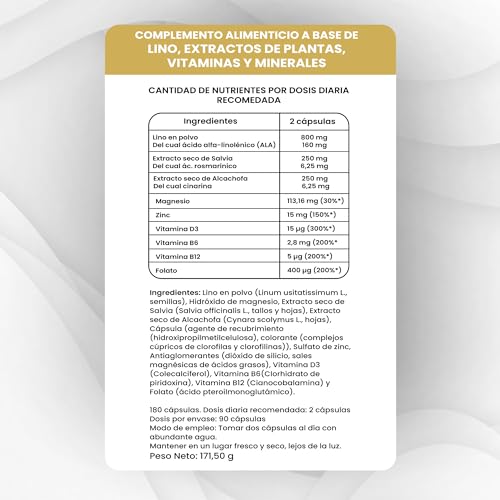 Lazarraga Tratamiento para la Menopausia - Control de sofocos - Alivia la hinchazón abdominal, Vegano, 180 cápsulas, con vitamina B6, B12, D3 - sin soja ni conservantes - Suministro para 3 Meses